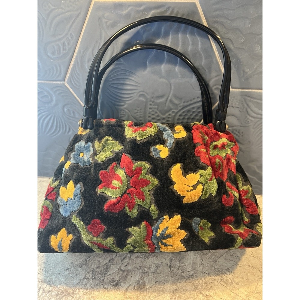 Vintage Floral Chenille Handbag Black Tapestry Carpet Bag Purse Double Handle - Picture 4 of 16